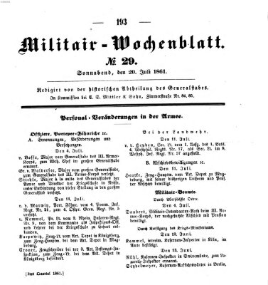 Militär-Wochenblatt Samstag 20. Juli 1861