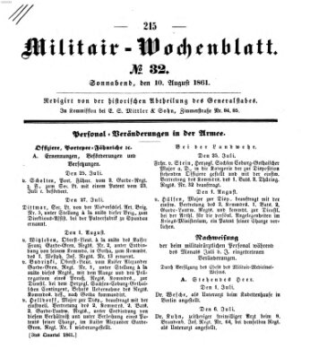 Militär-Wochenblatt Samstag 10. August 1861