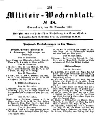 Militär-Wochenblatt Samstag 30. November 1861