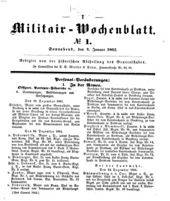 Militär-Wochenblatt Samstag 4. Januar 1862