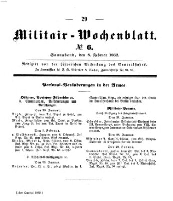 Militär-Wochenblatt Samstag 8. Februar 1862