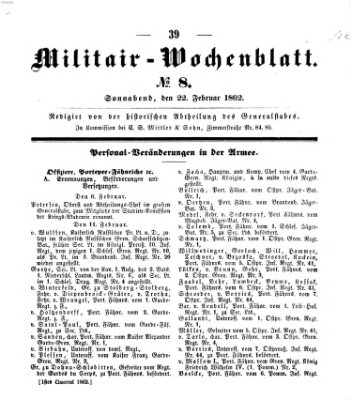 Militär-Wochenblatt Samstag 22. Februar 1862