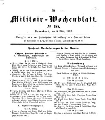 Militär-Wochenblatt Samstag 8. März 1862