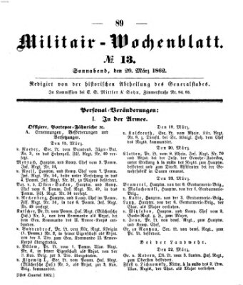 Militär-Wochenblatt Samstag 29. März 1862