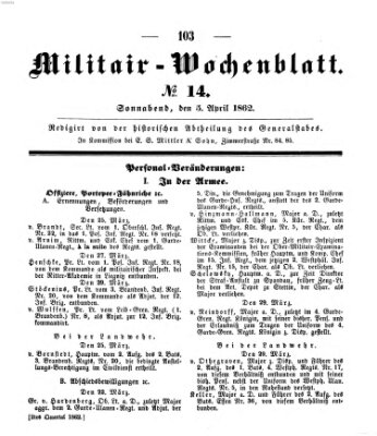 Militär-Wochenblatt Samstag 5. April 1862