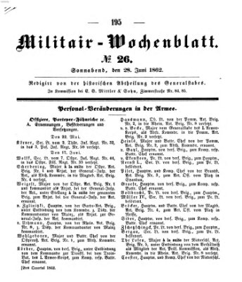 Militär-Wochenblatt Samstag 28. Juni 1862