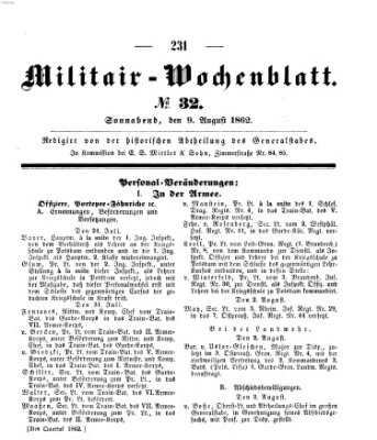 Militär-Wochenblatt Samstag 9. August 1862