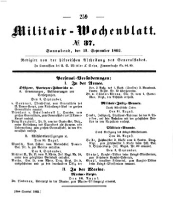 Militär-Wochenblatt Samstag 13. September 1862