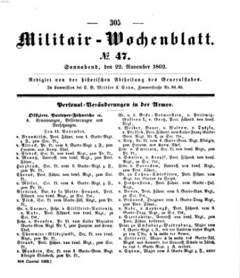 Militär-Wochenblatt Samstag 22. November 1862