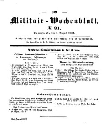 Militär-Wochenblatt Samstag 1. August 1863