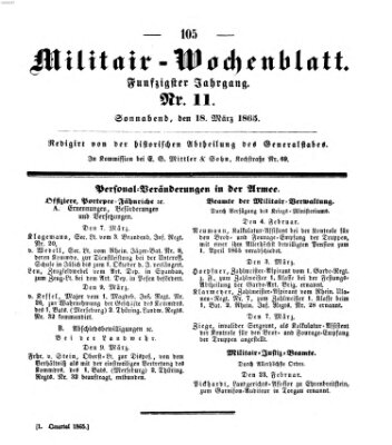 Militär-Wochenblatt Samstag 18. März 1865