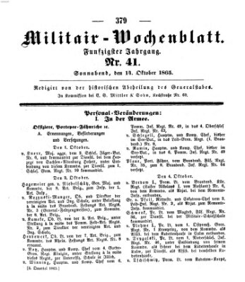 Militär-Wochenblatt Samstag 14. Oktober 1865