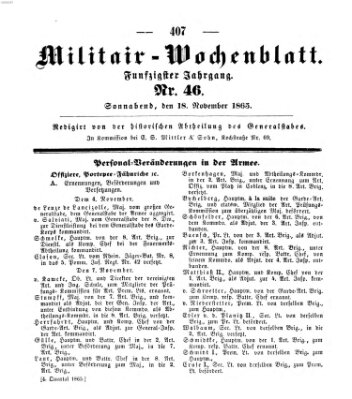 Militär-Wochenblatt Samstag 18. November 1865