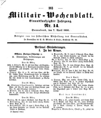 Militär-Wochenblatt Samstag 7. April 1866