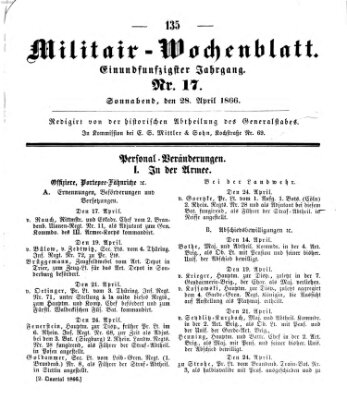 Militär-Wochenblatt Samstag 28. April 1866