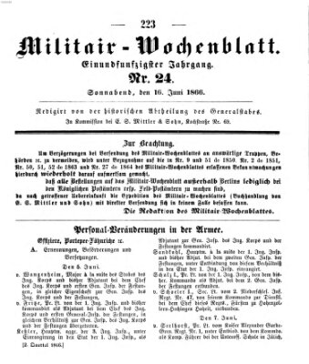 Militär-Wochenblatt Samstag 16. Juni 1866