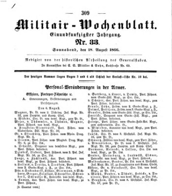 Militär-Wochenblatt Samstag 18. August 1866