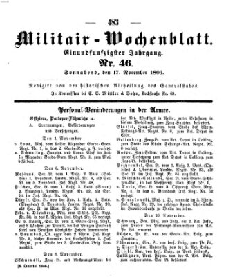 Militär-Wochenblatt Samstag 17. November 1866