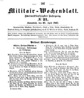 Militär-Wochenblatt Samstag 27. April 1867