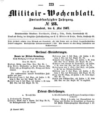 Militär-Wochenblatt Samstag 4. Mai 1867