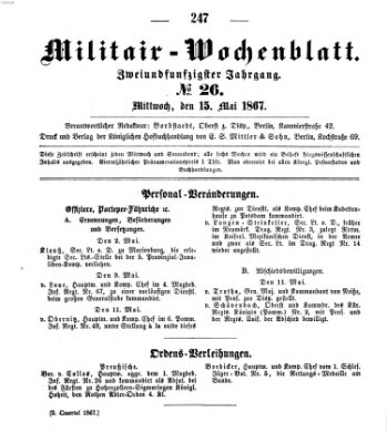 Militär-Wochenblatt Mittwoch 15. Mai 1867