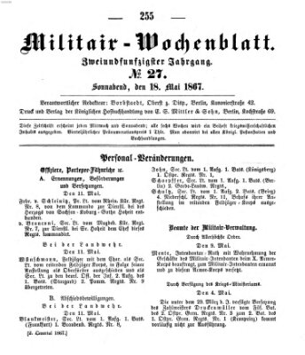 Militär-Wochenblatt Samstag 18. Mai 1867