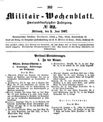 Militär-Wochenblatt Mittwoch 5. Juni 1867