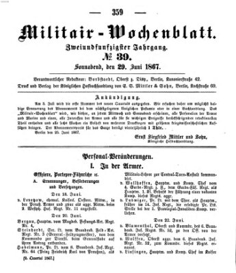 Militär-Wochenblatt Samstag 29. Juni 1867