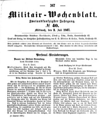 Militär-Wochenblatt Mittwoch 3. Juli 1867