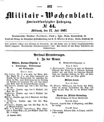 Militär-Wochenblatt Mittwoch 17. Juli 1867