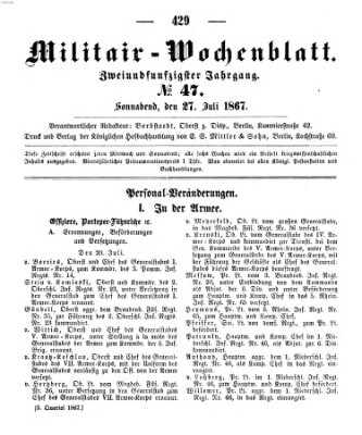 Militär-Wochenblatt Samstag 27. Juli 1867