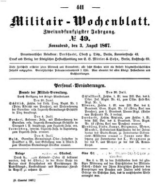 Militär-Wochenblatt Samstag 3. August 1867