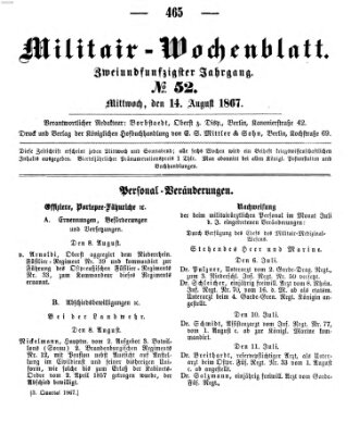 Militär-Wochenblatt Mittwoch 14. August 1867