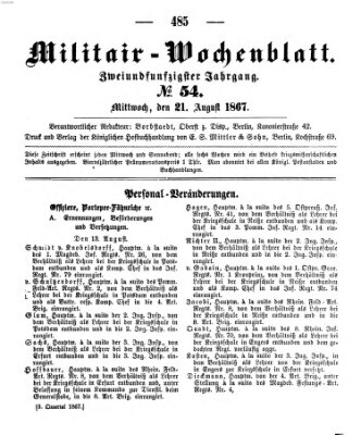 Militär-Wochenblatt Mittwoch 21. August 1867