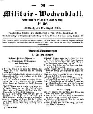 Militär-Wochenblatt Mittwoch 28. August 1867