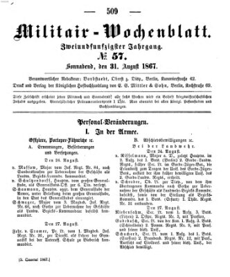 Militär-Wochenblatt Samstag 31. August 1867