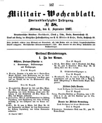 Militär-Wochenblatt Mittwoch 4. September 1867