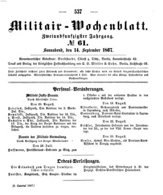 Militär-Wochenblatt Samstag 14. September 1867