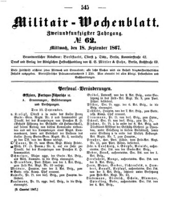 Militär-Wochenblatt Mittwoch 18. September 1867