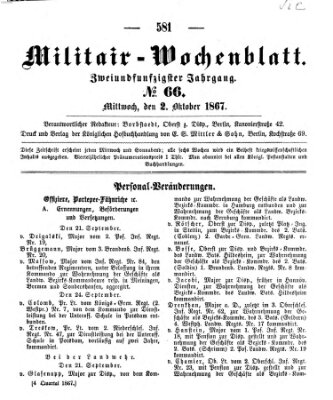 Militär-Wochenblatt Mittwoch 2. Oktober 1867