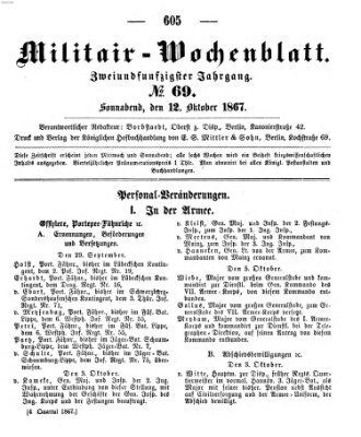 Militär-Wochenblatt Samstag 12. Oktober 1867