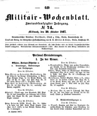 Militär-Wochenblatt Mittwoch 30. Oktober 1867