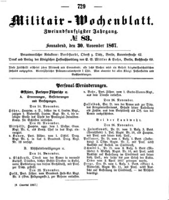 Militär-Wochenblatt Samstag 30. November 1867