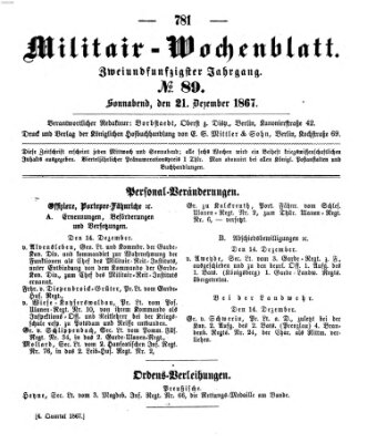 Militär-Wochenblatt Samstag 21. Dezember 1867