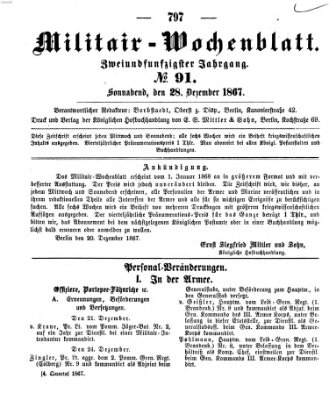 Militär-Wochenblatt Samstag 28. Dezember 1867