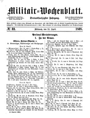 Militär-Wochenblatt Mittwoch 22. April 1868