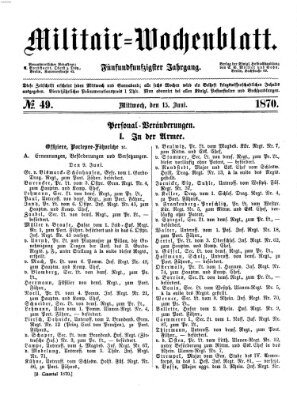 Militär-Wochenblatt Mittwoch 15. Juni 1870