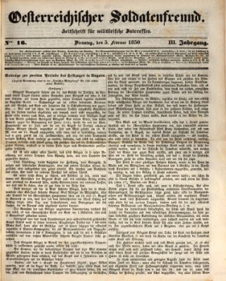 Oesterreichischer Soldatenfreund (Militär-Zeitung) Dienstag 5. Februar 1850