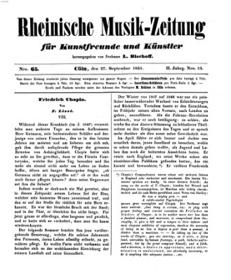 Rheinische Musik-Zeitung für Kunstfreunde und Künstler Samstag 27. September 1851