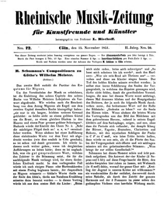 Rheinische Musik-Zeitung für Kunstfreunde und Künstler Samstag 15. November 1851